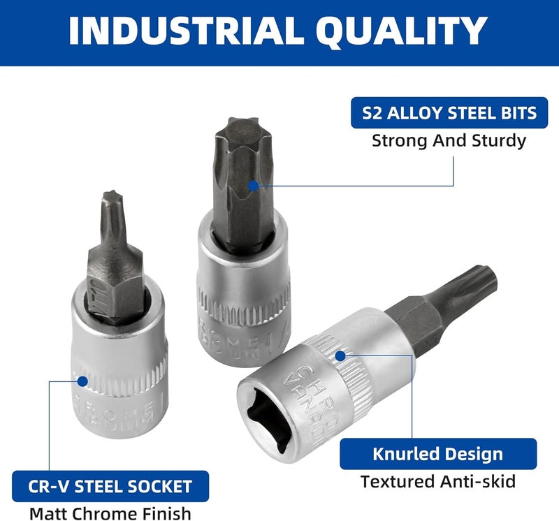 DAZCOS Torx Bit Socket Set, 1/4" Drive, 9 Pieces Star Bit Socket Set, T10 - T50, S2 Alloy Steel Bit and CR-V Drive Socket - Image 2